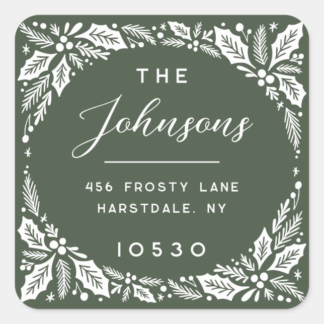 Evergreen Holly Berry Holiday Return Address Square Sticker (Front)