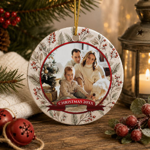 Evergreen, Holly, Red Berries Photo Christmas Ceramic Tree Decoration