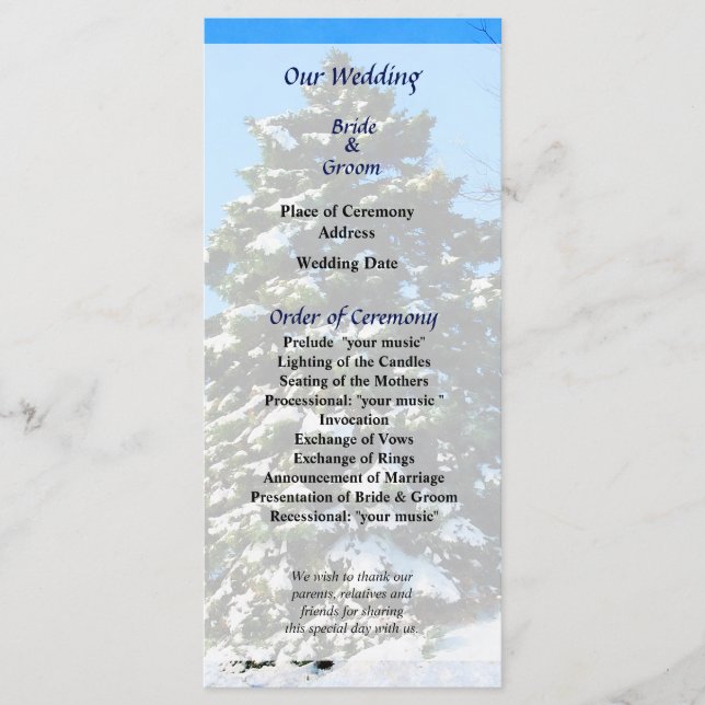 Evergreen in Winter Wedding Program Programme (Front)