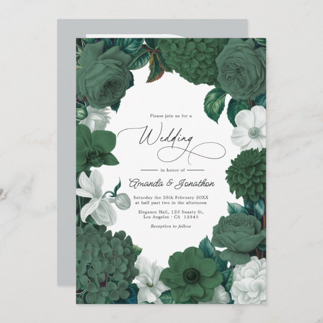 Evergreen, Juniper & Snow White Wedding Invitation (Front/Back)