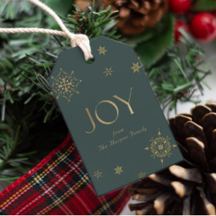 Evergreen Modern Snowflake Joy Gift Tags