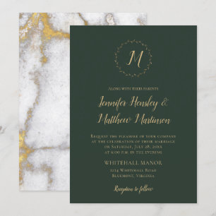 Evergreen Monogram Gold Marble Winter Wedding Invitation
