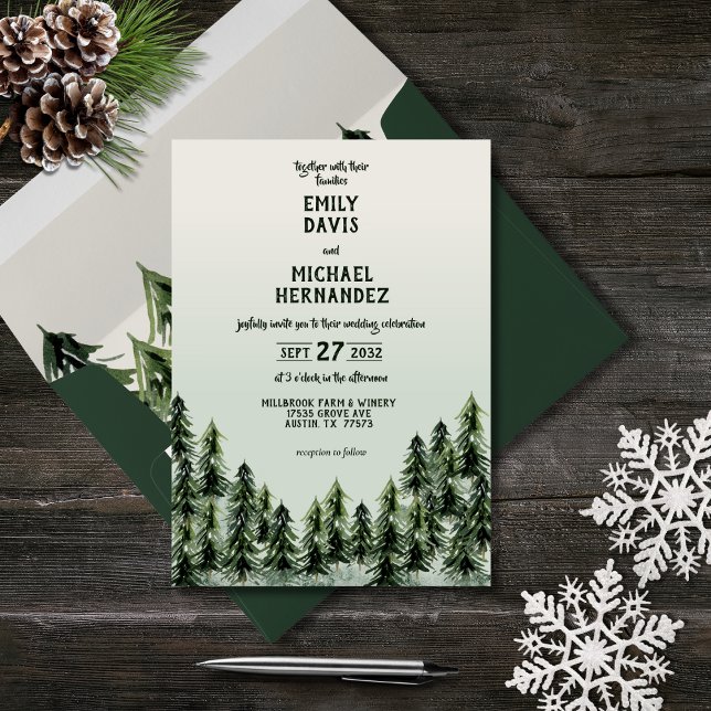Evergreen Mountain Forest Green White Black Invitation (Creator Uploaded)