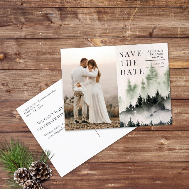Evergreen Mountain Mist Rustic Save the Date Announcement Postcard (Creator Uploaded)