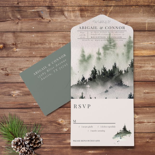 Evergreen Mountain Mist Rustic Winter White Grey All In One Invitation (Creator Uploaded)
