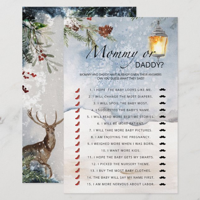 Evergreen mummy or daddy baby shower game (Front/Back)