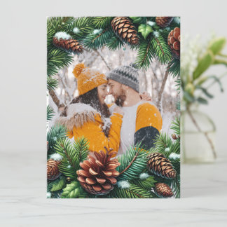 Evergreen Photo border with pinecone for Christmas Holiday Card