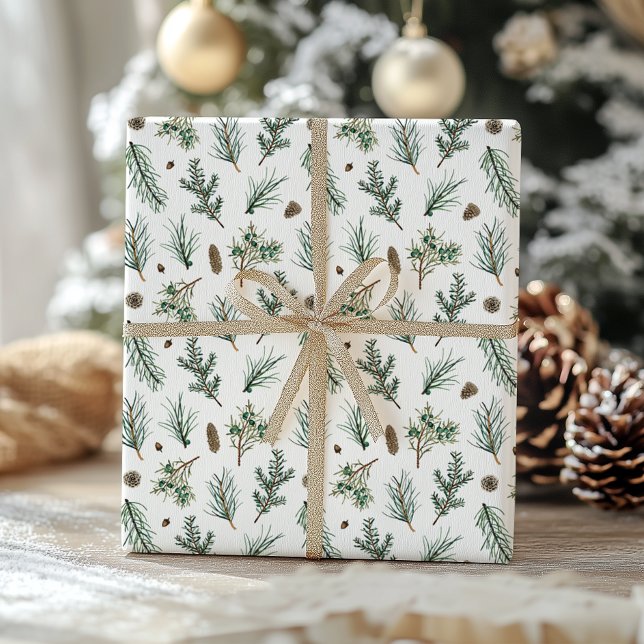 Evergreen Pine Branches and Pinecone Christmas  Wrapping Paper (Creator Uploaded)