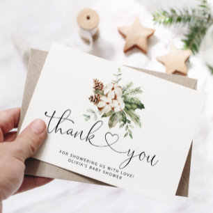 Evergreen pine cones baby shower thank you card