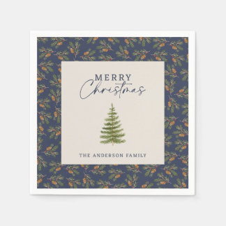Evergreen Pine Tree Watercolor Christmas Navy Blue Napkin
