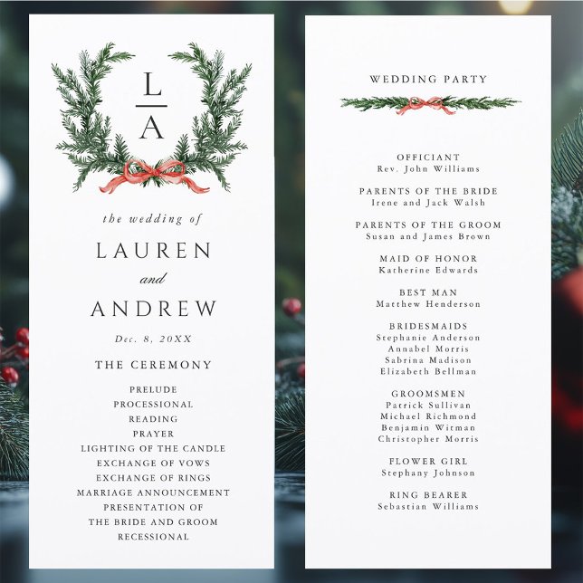 Evergreen Pine Wreath Wedding Ceremony Program Programme (Front & Back)