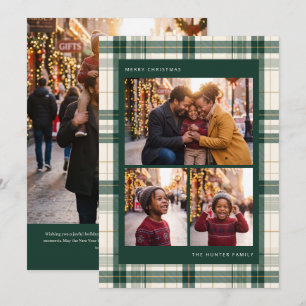 Evergreen Plaid Three Photo Christmas Card