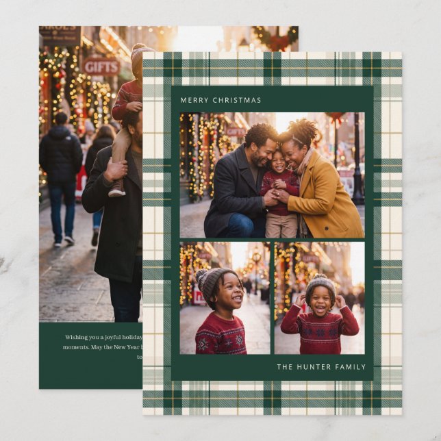 Evergreen Plaid Three Photo Christmas Card (Front/Back)