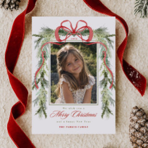Evergreen Red Bow Garland Merry Christmas Photo Holiday Card