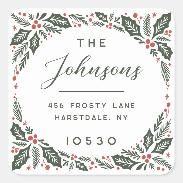 Evergreen Red Holly Berry Holiday Return Address Square Sticker (Front)