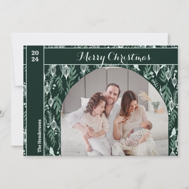 Evergreen Ribbon Modern One Photo Christmas Holiday Card (Front)