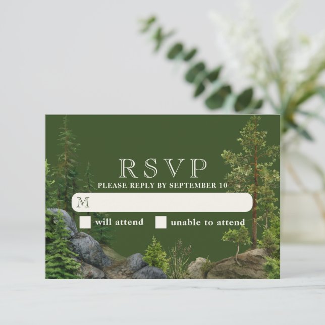 Evergreen Rocky Forest | Rustic Nature Wedding  RSVP Card (Standing Front)