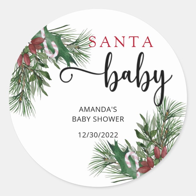 Evergreen Santa baby shower Classic Round Sticker (Front)