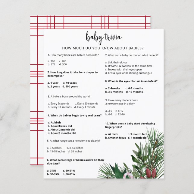 Evergreen Snow Baby Trivia | Baby Shower Game (Front/Back)