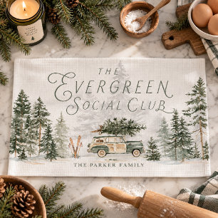 Evergreen Social Club Family Christmas Tea Towel