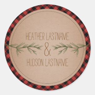 Evergreen Tree Branches Plaid Wedding Sticker