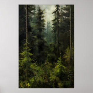 Evergreen Tree Forest Farmhouse , Vintage Wall Poster