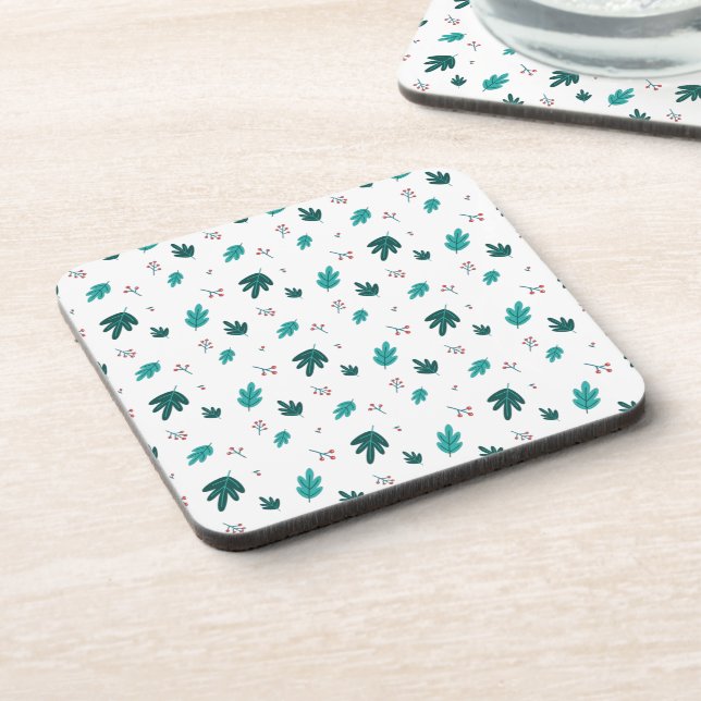 Evergreen Tree Leaves & Red Holly Berries Coaster (Left Side)