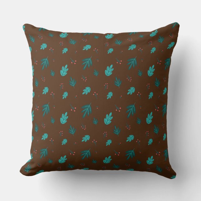 Evergreen Tree Leaves & Red Holly Berries Cushion (Front)
