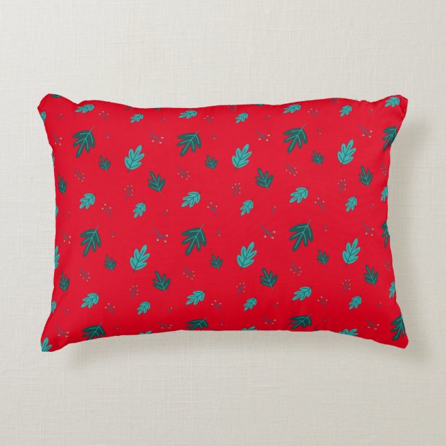 Evergreen Tree Leaves & Red Holly Berries Decorative Cushion (Front)
