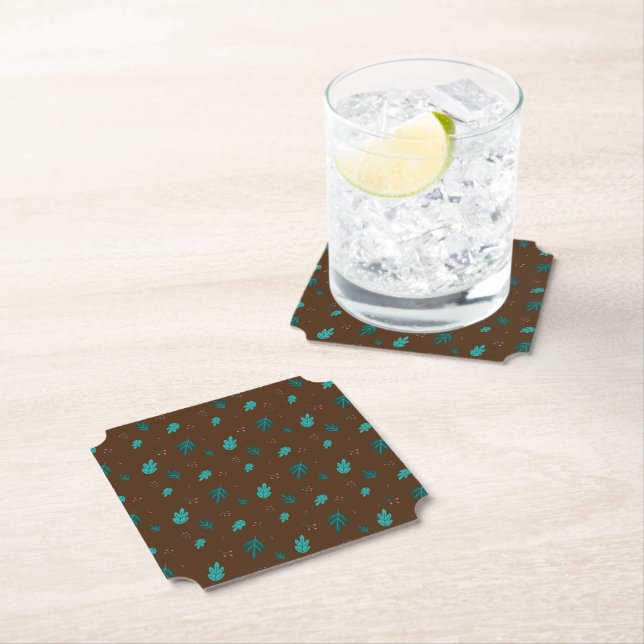 Evergreen Tree Leaves & Red Holly Berries Paper Coaster (Insitu)