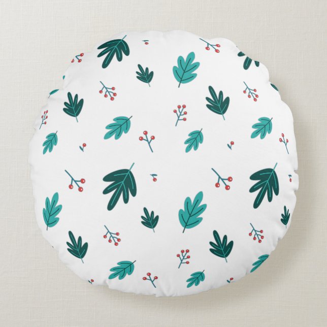 Evergreen Tree Leaves & Red Holly Berries Round Cushion (Front)