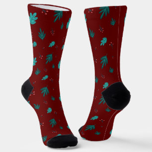 Evergreen Tree Leaves & Red Holly Berries Socks