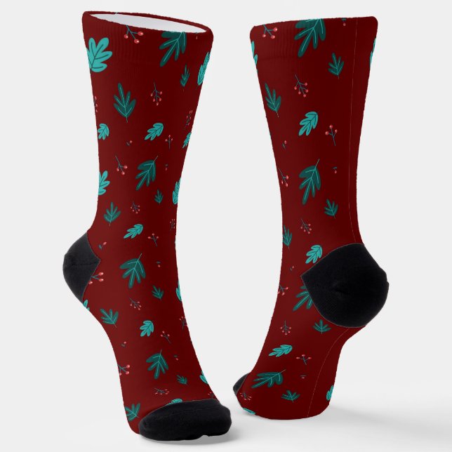 Evergreen Tree Leaves & Red Holly Berries Socks (Angled)