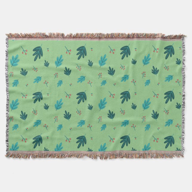 Evergreen Tree Leaves & Red Holly Berries Throw Blanket (Front)