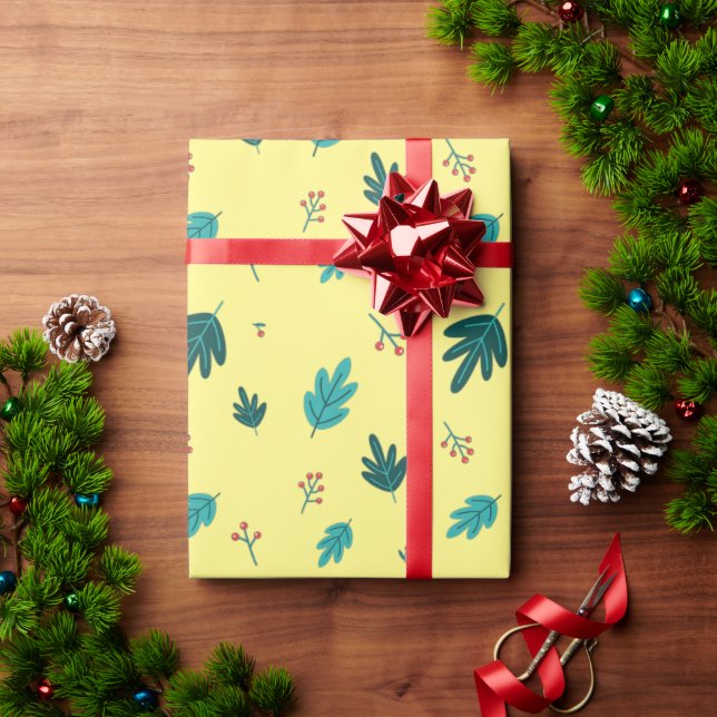 Evergreen Tree Leaves & Red Holly Berries Wrapping Paper (Holiday Gift)