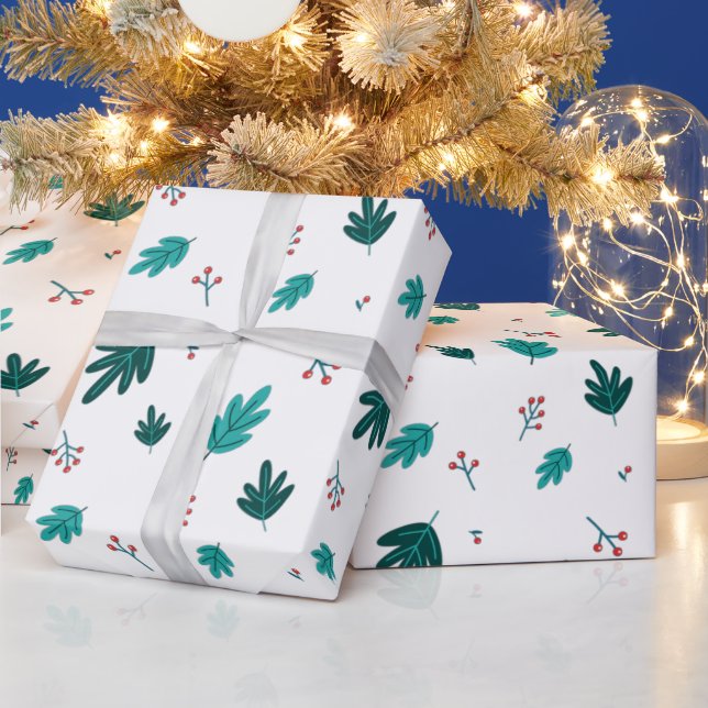 Evergreen Tree Leaves & Red Holly Berries Wrapping Paper (Holidays)