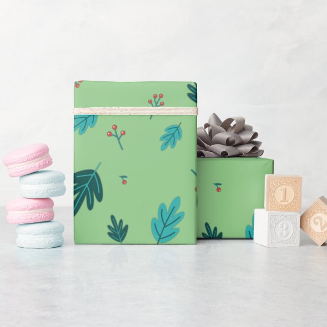 Evergreen Tree Leaves & Red Holly Berries Wrapping Paper (Baby Shower)