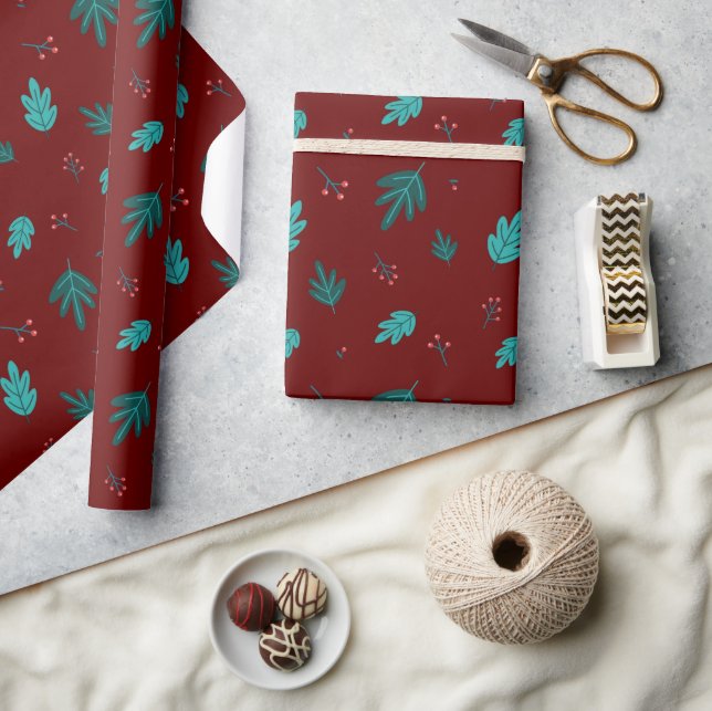 Evergreen Tree Leaves & Red Holly Berries Wrapping Paper (Crafts)
