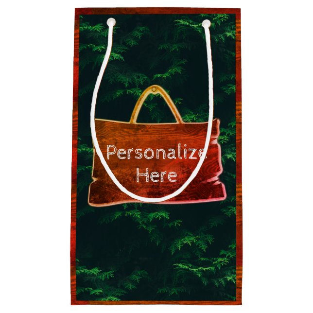 Evergreen tree wood grain rustic green brown small gift bag (Front)
