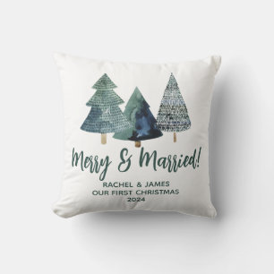 Evergreen Trees First Christmas Merry & Married Cushion