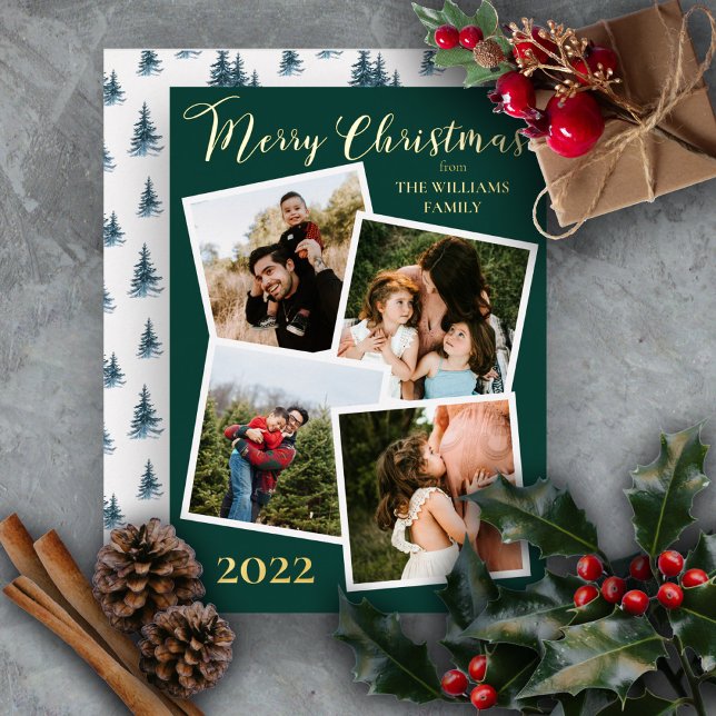 Evergreen Trees Merry Christmas 4 Photo Dk Green F Foil Holiday Card (Creator Uploaded)