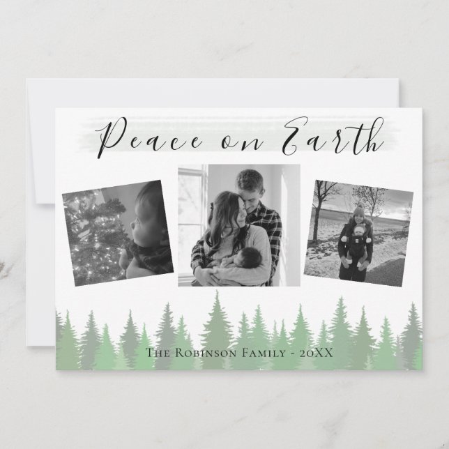 Evergreen Trees Peace on Earth 3 photo Christmas Holiday Card (Front)