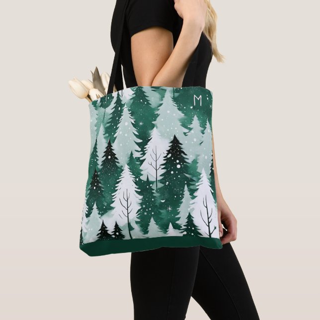 Evergreen Trees Winter Forest Snow Monogrammed Tote Bag (Close Up)