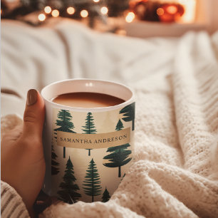 Evergreen Vintage Pine in Dark Green and Beige  Coffee Mug