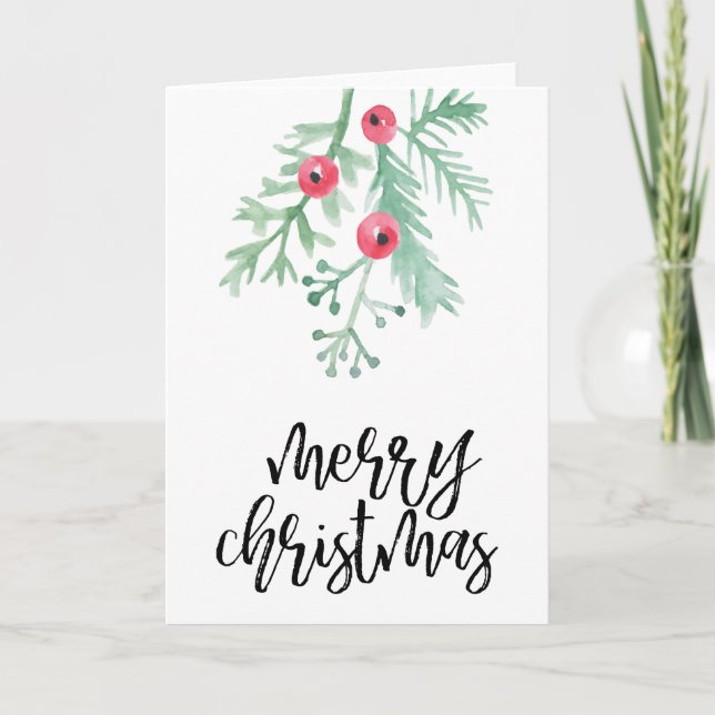Evergreen Watercolor Merry Christmas Blank Holiday Card (Front)