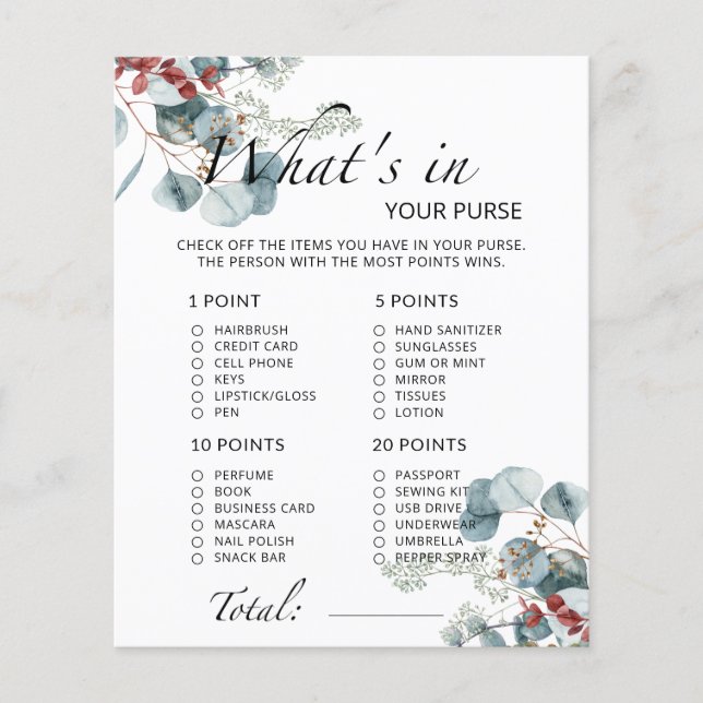 Evergreen What's in your purse baby shower game (Front)