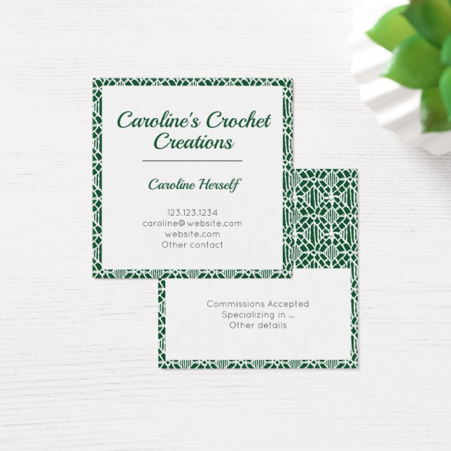 Evergreen White Crochet Lace Pattern Business Card (Desk)