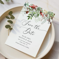 Evergreen winter Christmas wedding Save the date