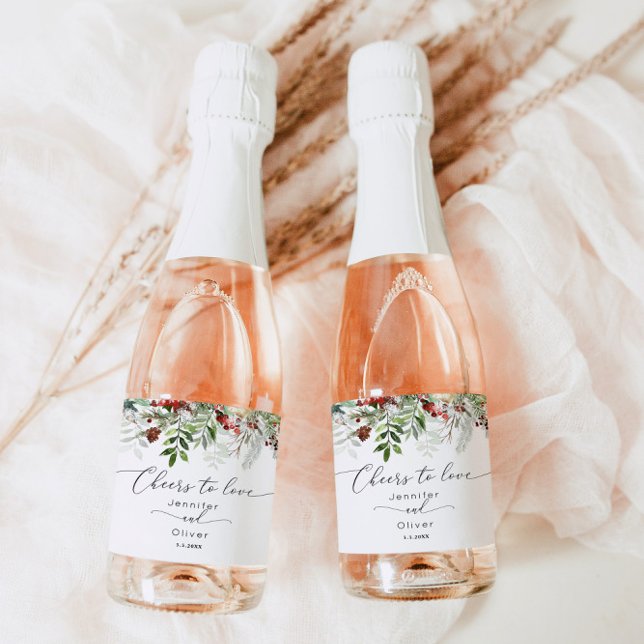 Evergreen winter elegant Cheers to Love wedding Sparkling Wine Label (Creator Uploaded)