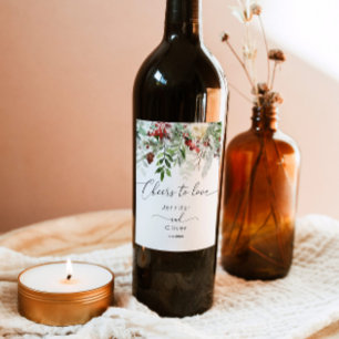 Evergreen winter elegant Cheers to Love wedding Wine Label